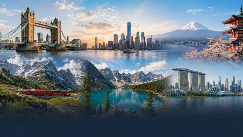 Gambar wisata berbagai negara tujuan visa seperti Inggris, Amerika, Jepang, Swiss, Kanada, dan Singapura