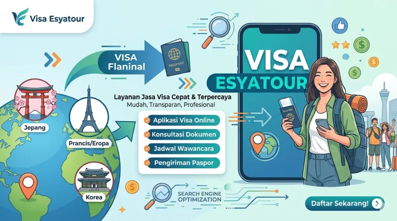 Ilustrasi layanan Visa EsyaTour untuk aplikasi visa online, konsultasi dokumen, jadwal wawancara, dan pengiriman paspor