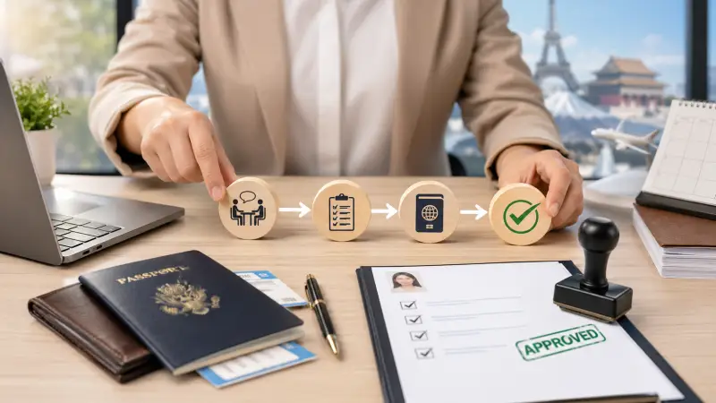 Dokumen visa, paspor, dan tiket perjalanan untuk layanan visa wisata bisnis keluarga dan medis